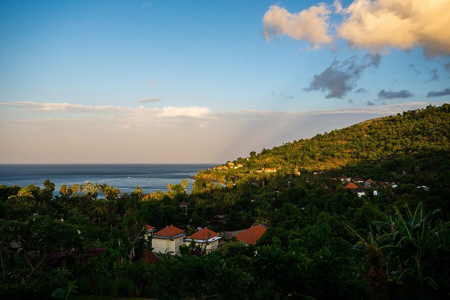Amed sunrise landscape with Mt Agung in distance