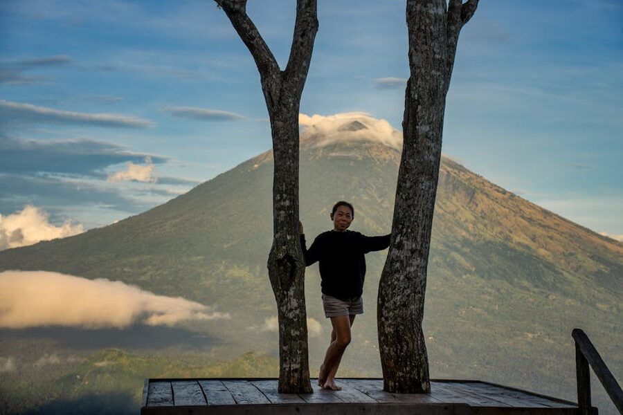 View of Mt Agung from a wooden deck in east Bali