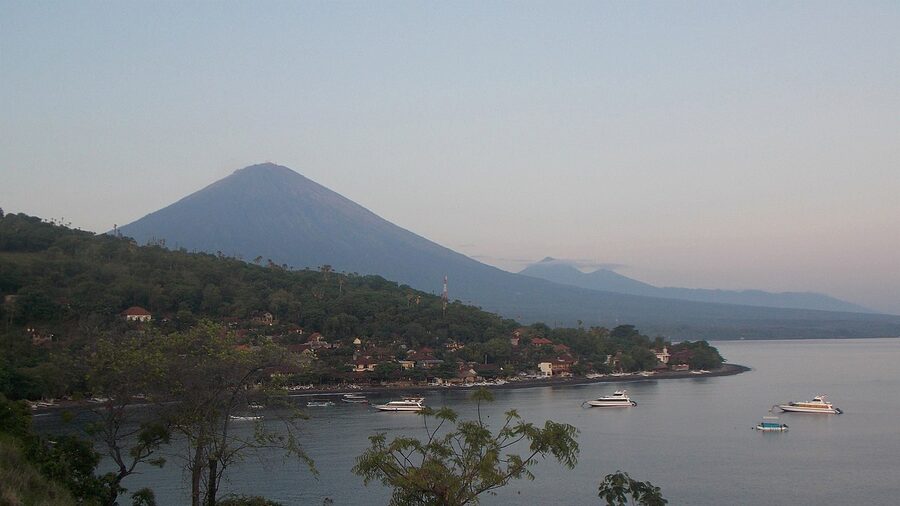 Mt Agung profile dominating the inland horizon at Amed