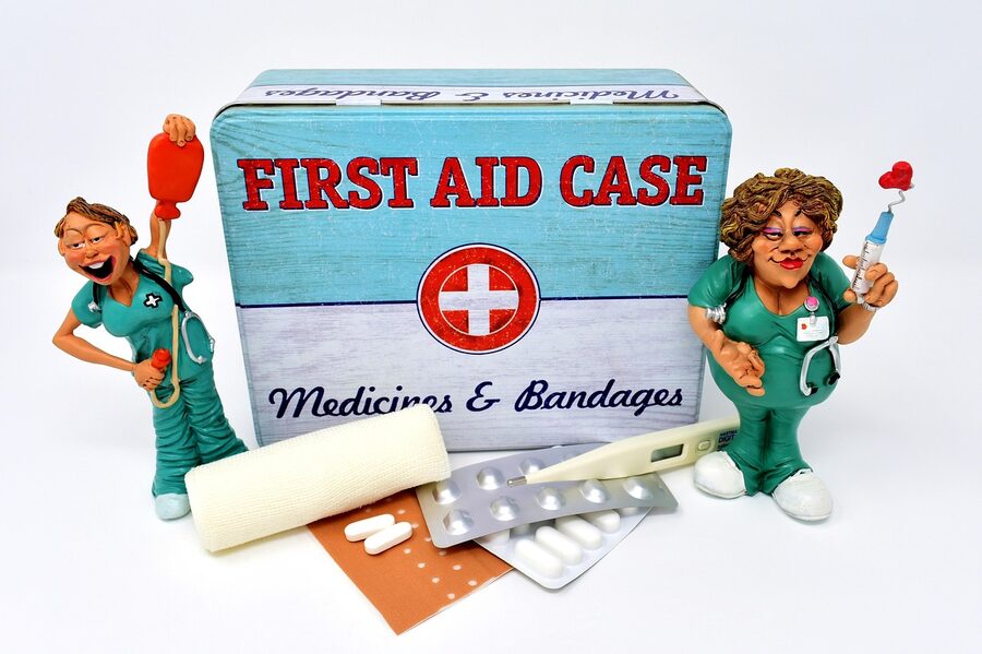 Travel medical supplies and bandages from a travel first aid kit
