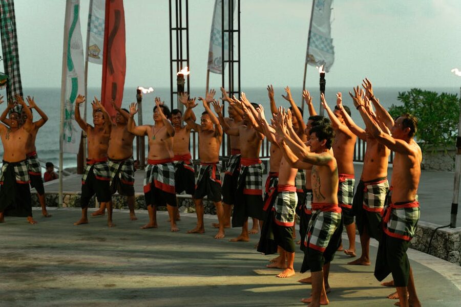 Balinese kecak fire dance at Uluwatu temple at sunset