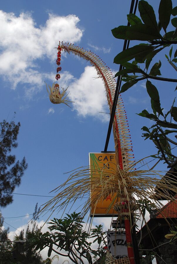Tall arching bamboo penjor pole decorated with palm fronds and offerings, installed at the side of a road in Ubud during Galungan