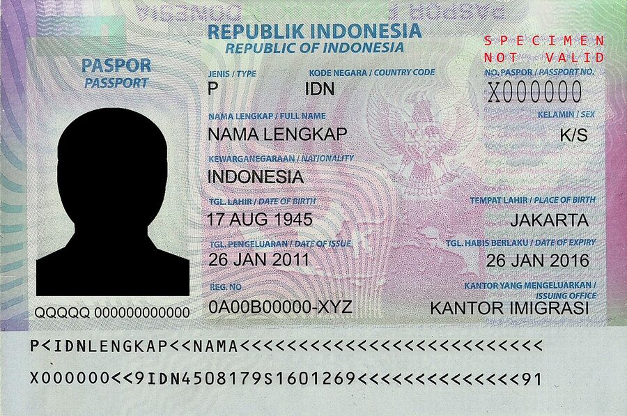 Specimen Indonesian passport biodata page detail