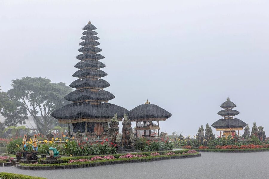 Ulun Danu Beratan temple in misty Bali rainy season