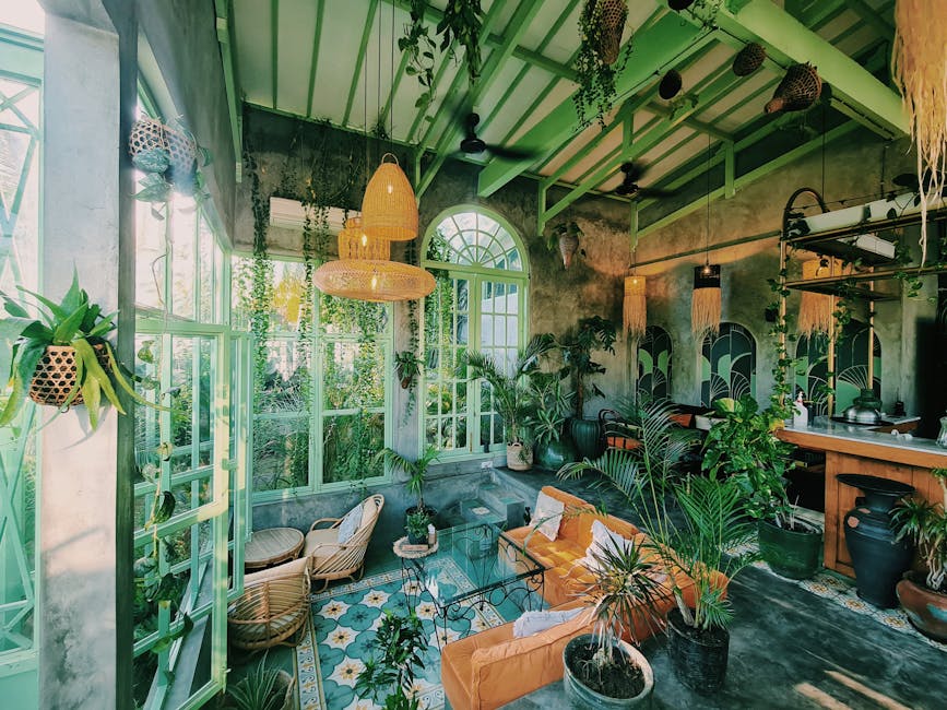 Bali cafe interior with green decor and vintage furniture