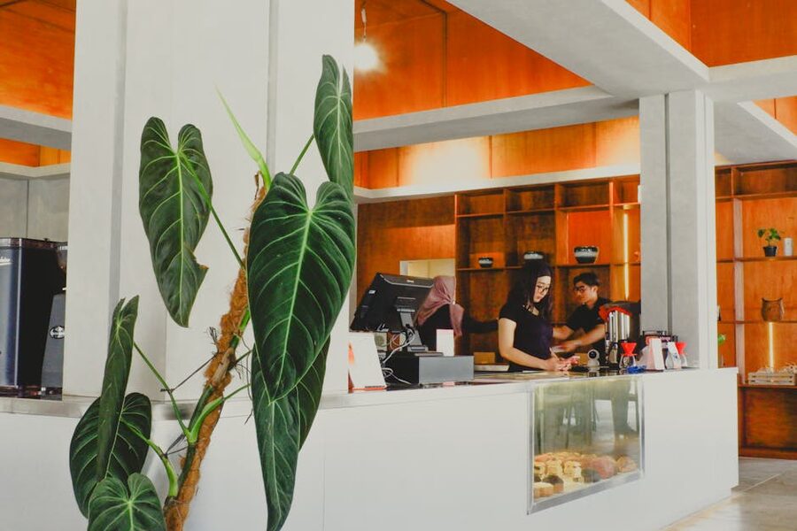 Stylish cafe interior in Indonesia featuring modern decor and lush greenery