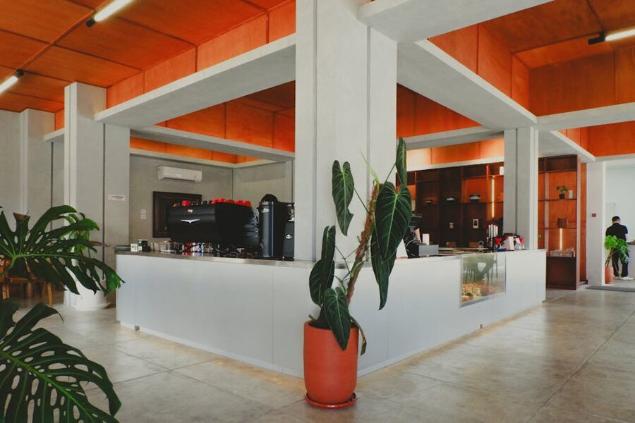 Modern cafe interior with industrial design elements