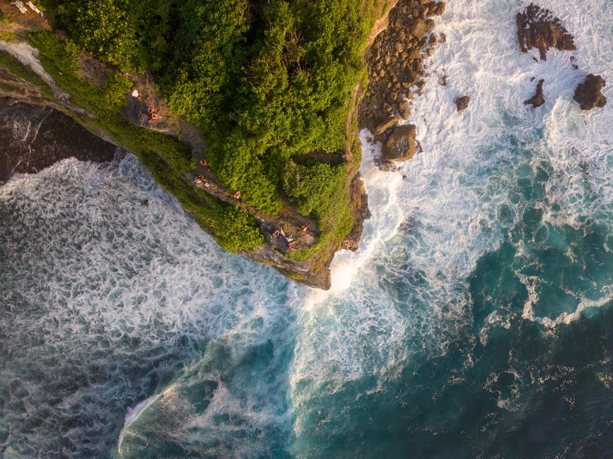 Aerial view of Bali coastal cliffs and ocean