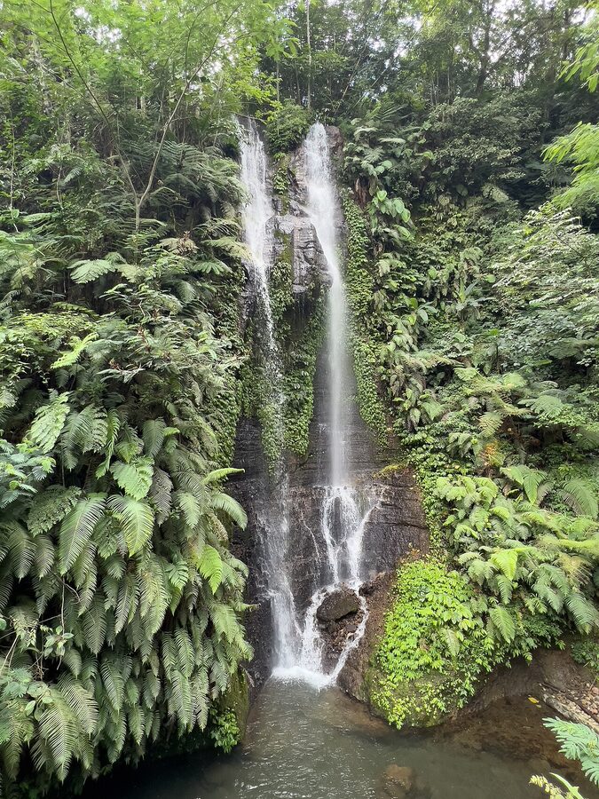 Munduk Tutub waterfall plunging through a narrow cliff face into a pool