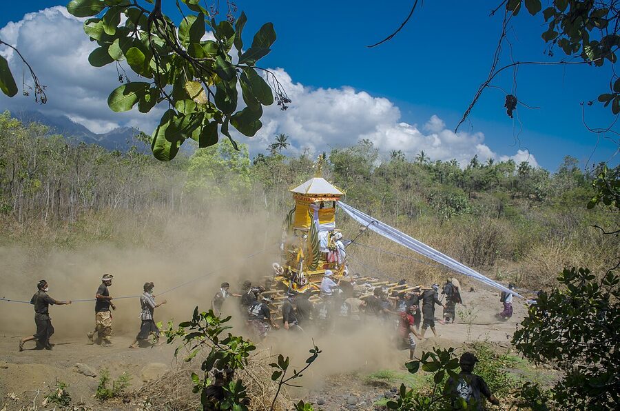 Wadah bade cremation tower being carried through Bonyoh village Karangasem Bali