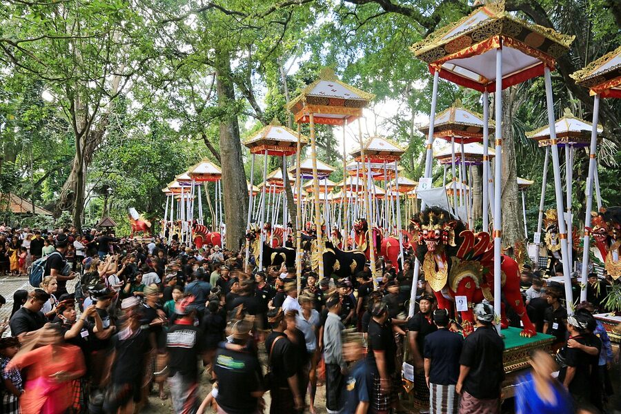 Ngaben massal mass communal cremation ceremony at Padangtegal Ubud Bali with multiple wadah towers