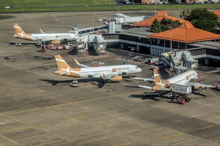 Aerial view of Super Air Jet aircraft at DPS Bali airport apron