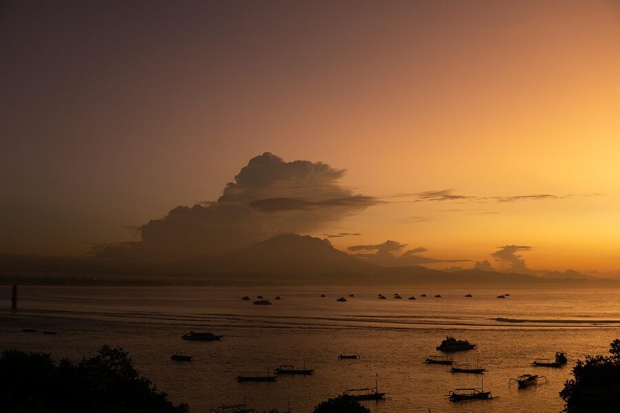Sanur Beach with Mount Agung in the distance