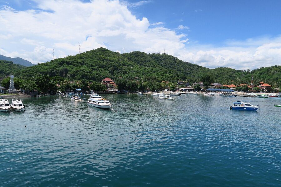 View of Padang Bai harbour from the deck of the Lombok ferry