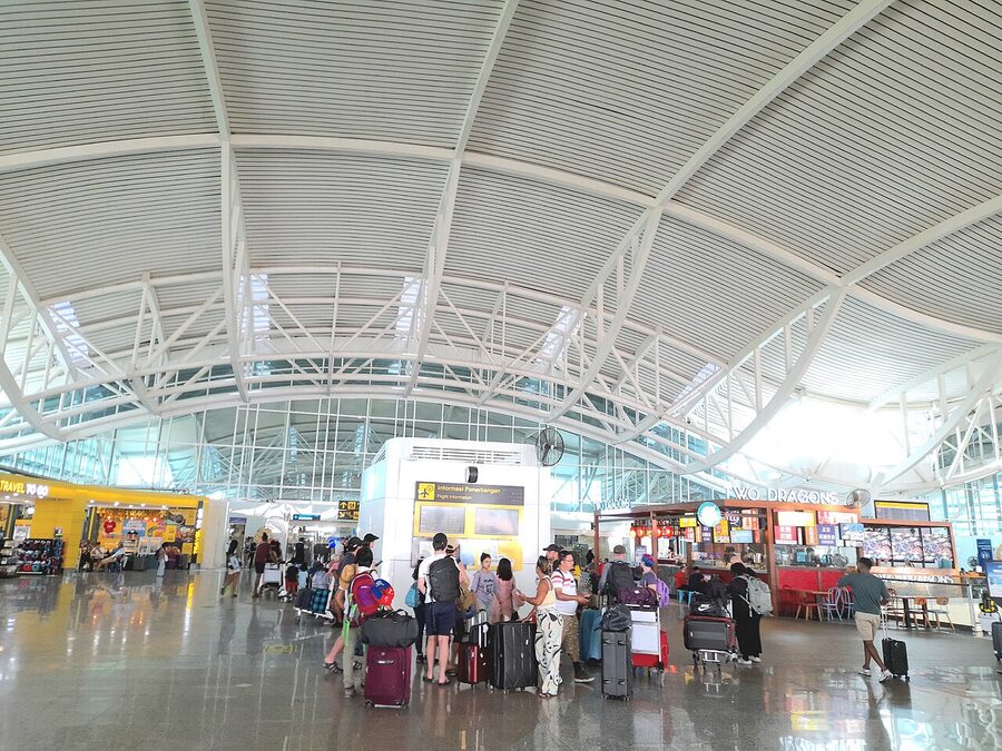 Inside DPS international terminal Bali with curved roof