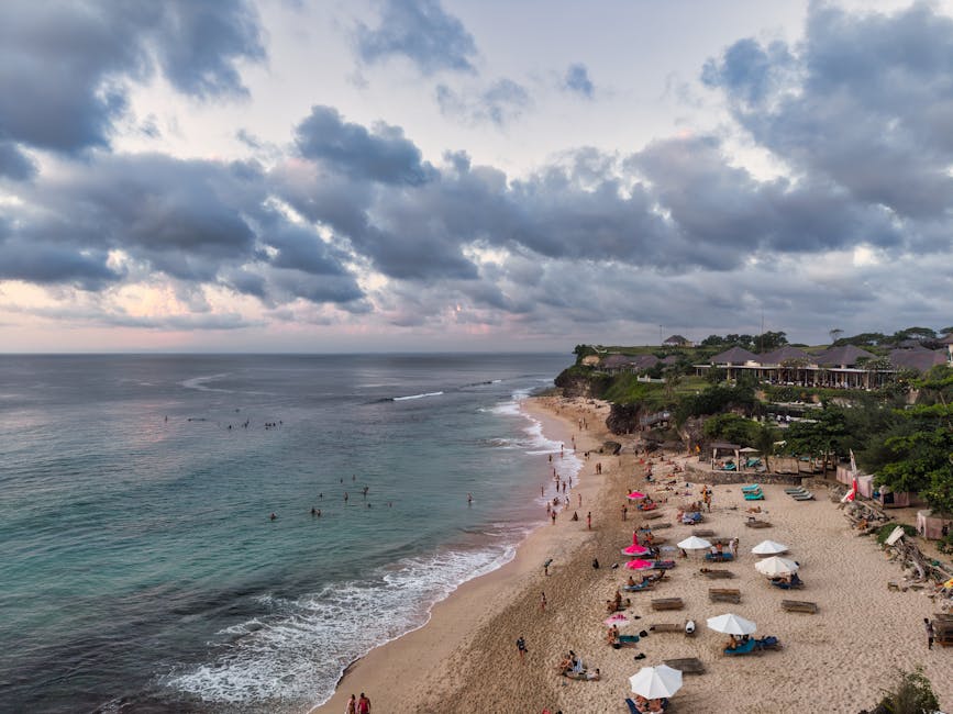 Aerial view of Jimbaran beach in Bali at sunset