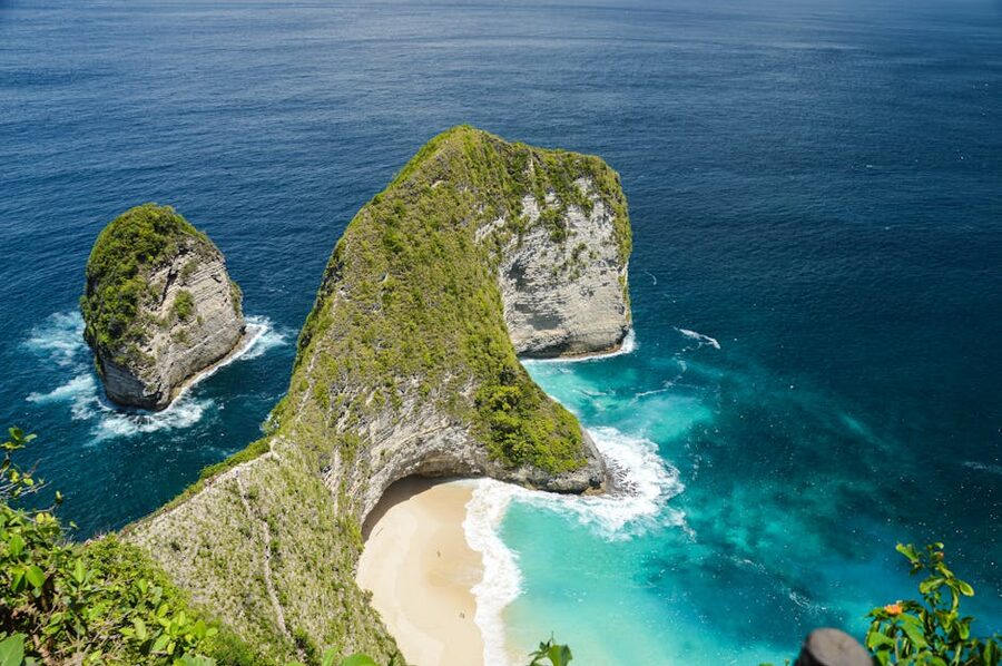 Aerial view of Kelingking Beach on Nusa Penida, Bali