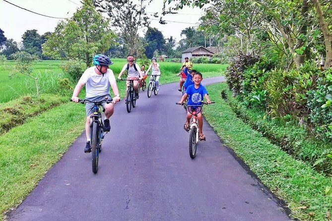 Bike ride in the rice fields, Bali countryside - Farmers in the fields: joining work when it lines up